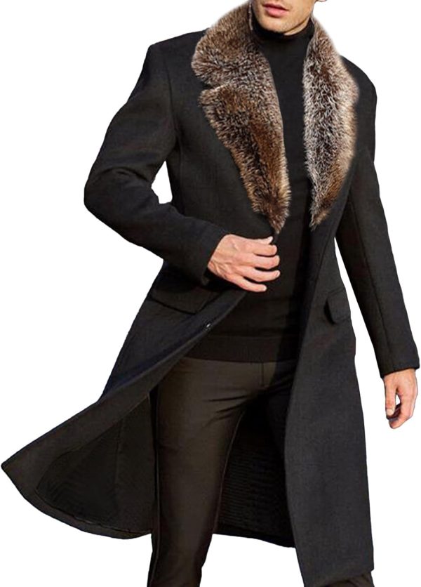 Men's Black Winter Jacket Removable Faux Fur Collar Trench Coat Single Breasted Notched Long Pea Coat Overcoat