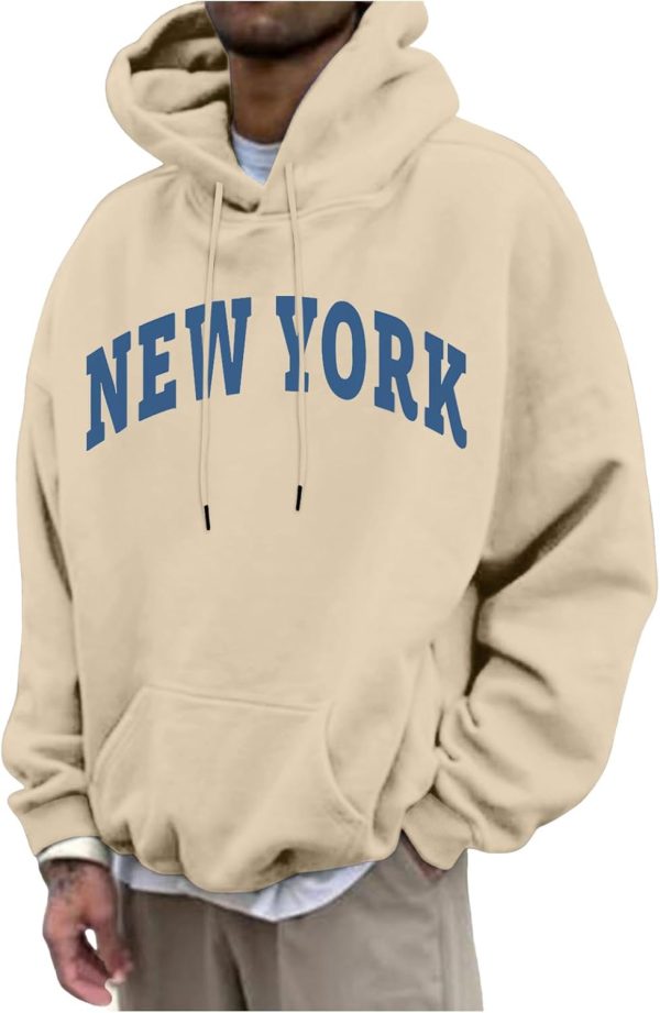 Mens Hoodies Oversized Pullover Letter Print Graphic Casual Hooded Sweatshirts Loose Fit Long Sleeve Tops Pockets